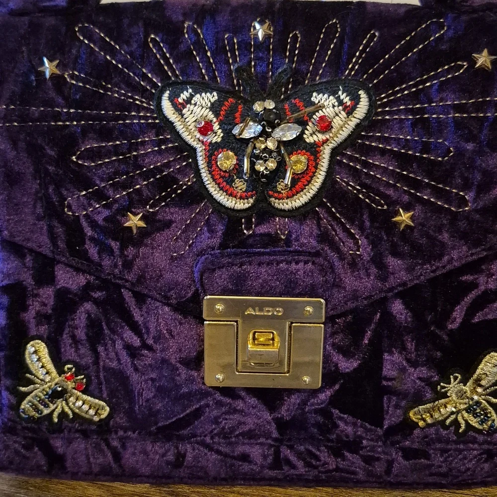 Aldo Deep Purple Velvet Whimsigoth Satchel with Insect Embroidery NWT - Picture 2 of 10